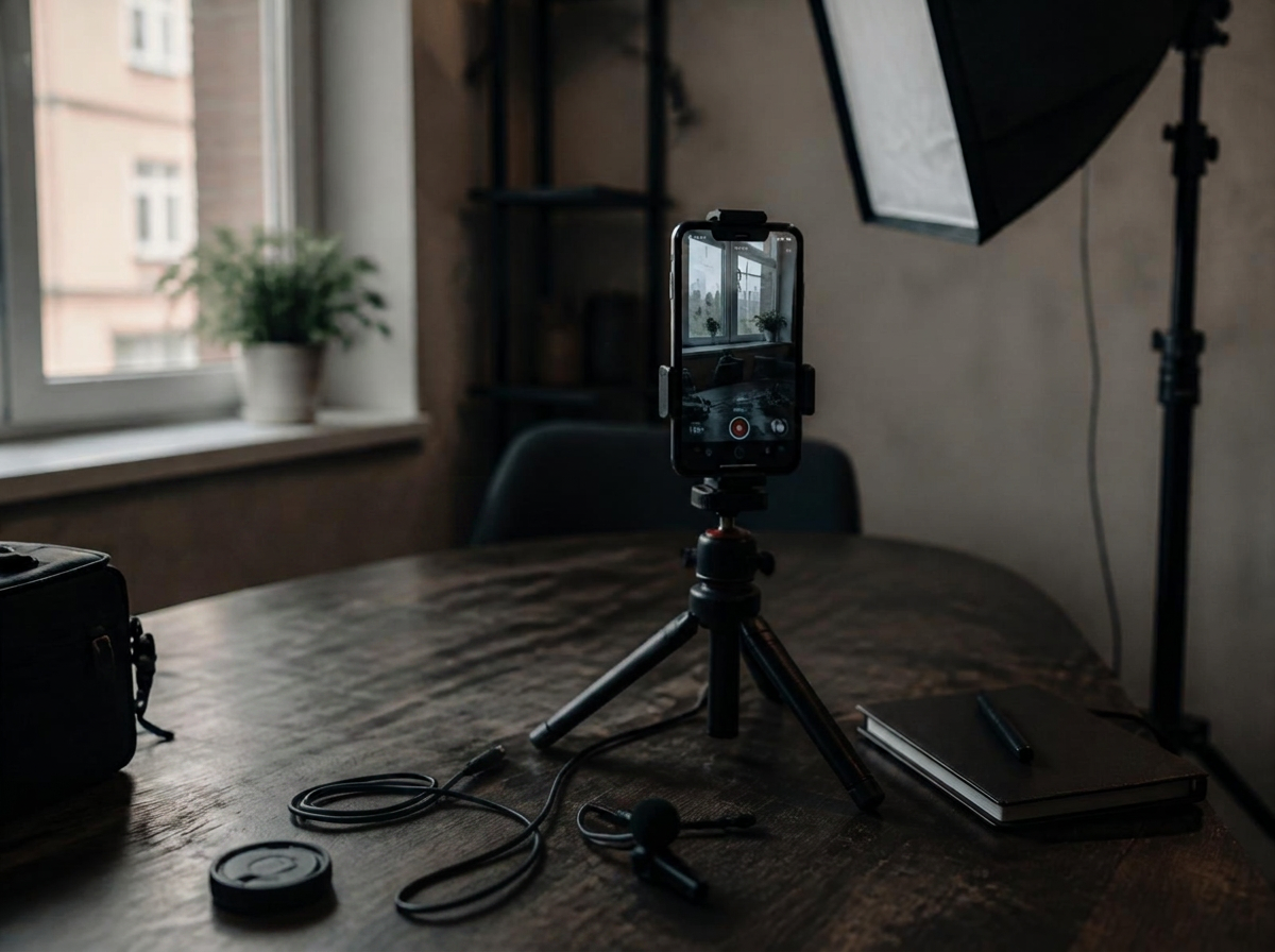 Behind-the-scenes filming kit: phone on tripod, softbox light, small lavalier mic, notebook and gear bag