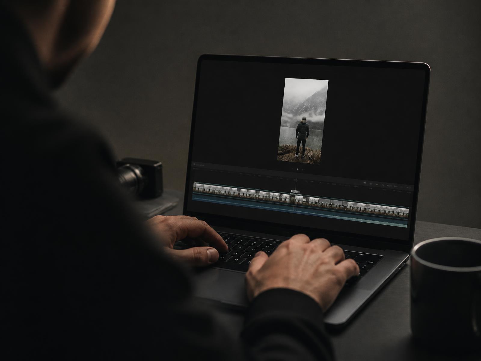 Editing a vertical video timeline on a laptop in a dim studio